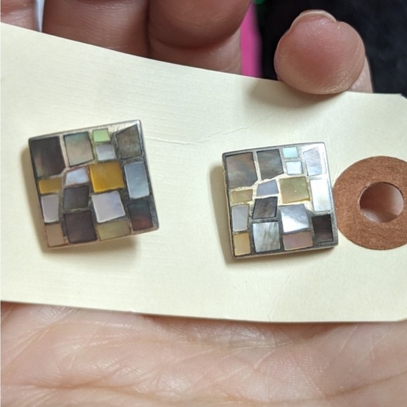 Sterling Silver Square Mother of Pearl Mosaic Cufflinks - Picture 2 of 4